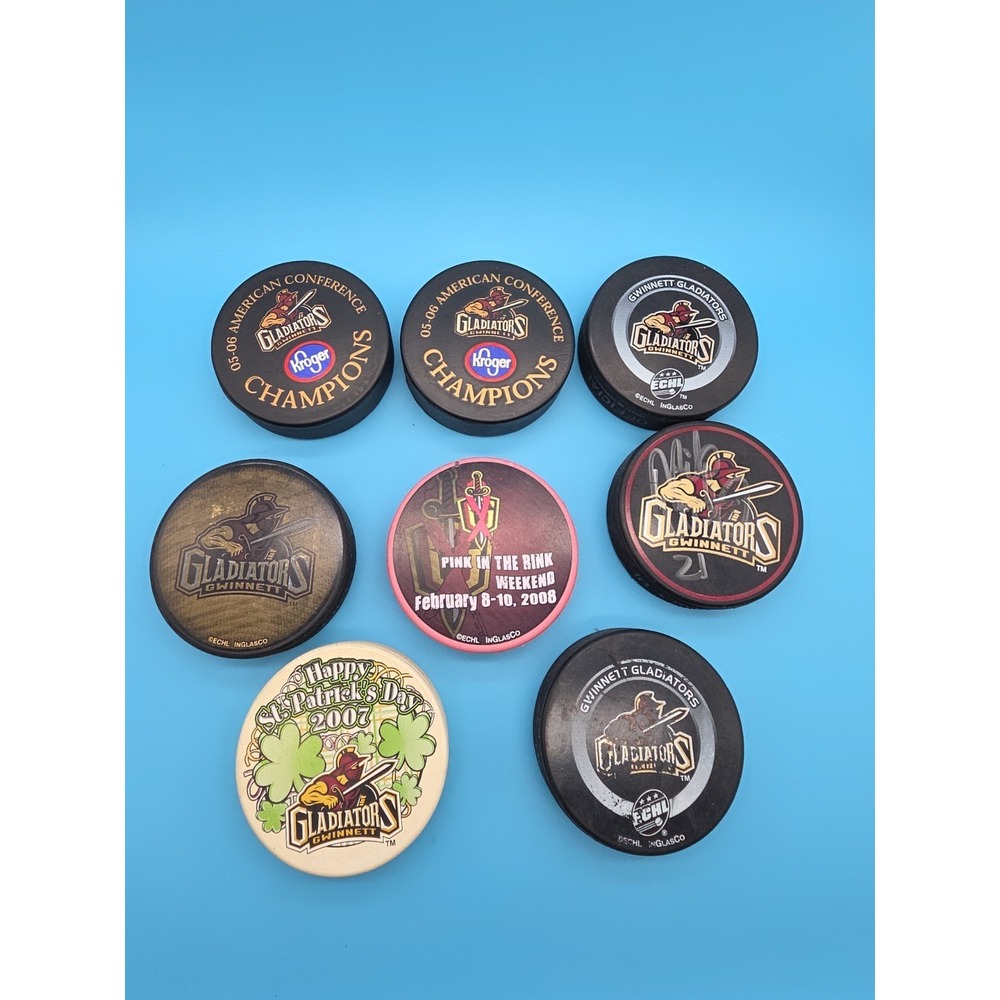 Gwinnett Gladiators ECHL Set Of 8 Hockey Pucks Some Signed
